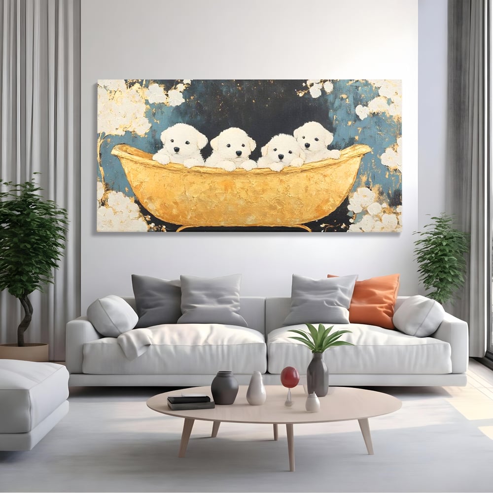 Tablou canvas cu tablou canvas cu catei in cada, fara rama, pe sasiu de lemn, pe perete intr-un living